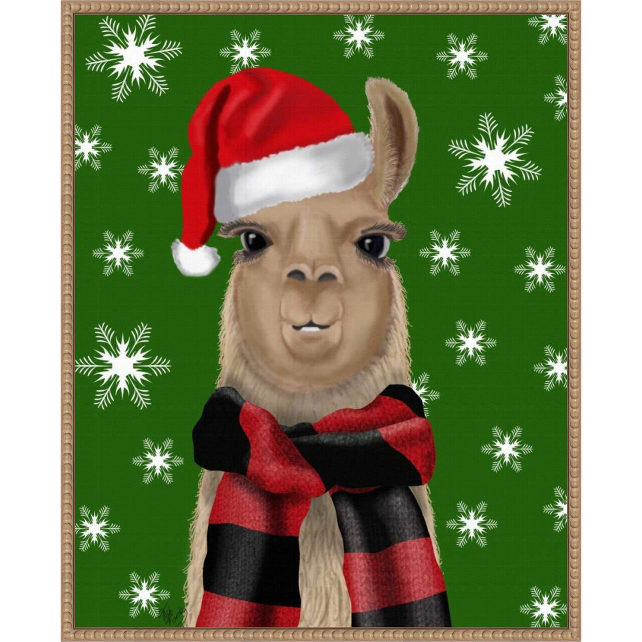 Llama Christmas Hat by Fab Funky 23-in. W x 28-in. H. Canvas Wall Art Print Framed